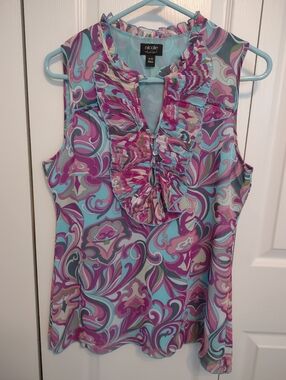 Nicole By Nicole Miller Sleeveless Purple Pink Paisley Top Blouse Medium Ruffles